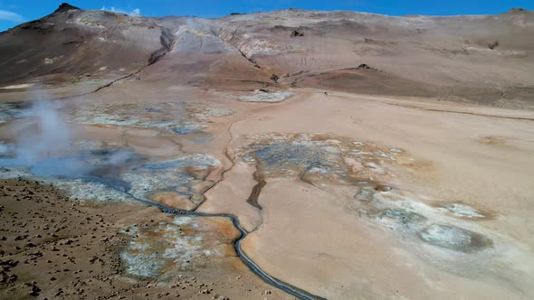 Iceland Geothermal hot springs and rivers with steam from drone