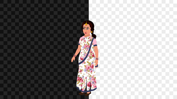 2D Indian Female Cartoon Character Walking Cycle in Alpha Channel