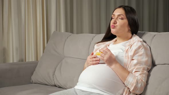 Pregnant Woman Enjoys Eating Junk Food Sitting on Sofa