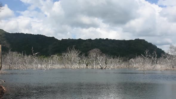 Timelapse video. The Clouds move over the tropical forest mountain and below it freshwater lake with