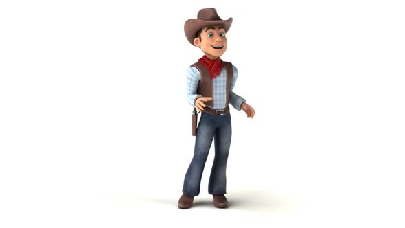 Fun 3D cartoon cowboy walking and presenting 