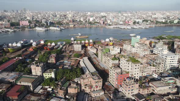 Birds eye view of populated and historic city of Dhaka, around Buriganga river.