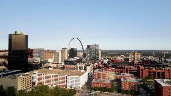 Cityscape Concept - Downtown Buildings & Archway in St. Louis, Missouri - Aerial Drone establishing