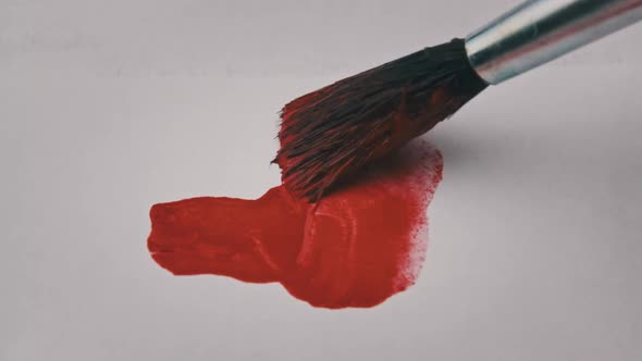 Brush With Red Paint Draws a Line on White Paper in Macro