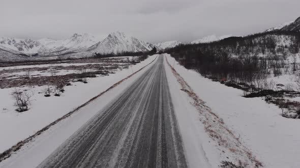 Andoya drone over a frozen road