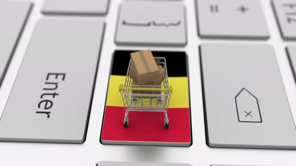 Key with Flag of Belgium and Shopping Cart with Boxes