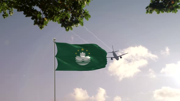 Macau Flag With Airplane And City -3D rendering