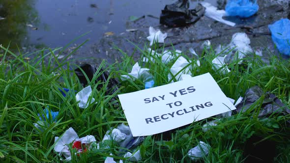 Person Putting Cardboard With Say Yes to Recycling Phrase on Open Dumping