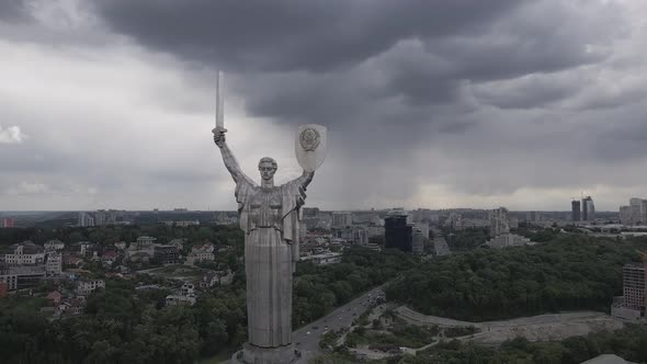 Kyiv, Ukraine: Aerial View of the Motherland Monument. Flat, Gray