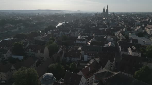 Aerial flight over the old town of Regensburg