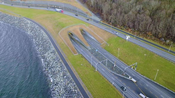 Record breaking Ryfast subsea tunnel system entrance with car traffic; drone
