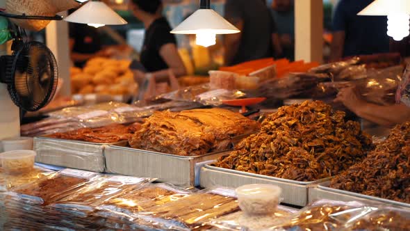 Asian Night Food Market, Slow Motion. Large Dishes