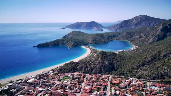 Amazing beautiful panoramic view from drone of Oludeniz Blue lagoon beach in Fethiye in Mugla