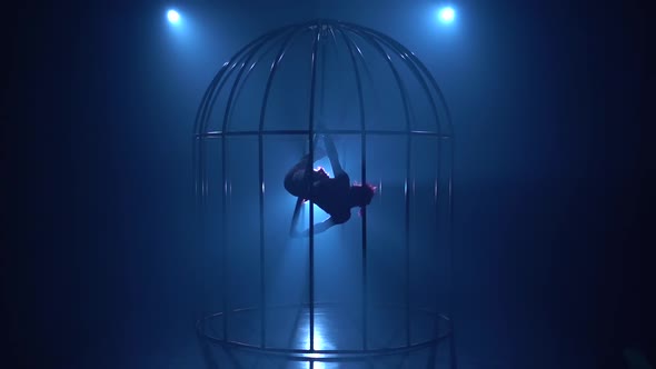 Girl in a Cage Stunts on a Hoop in a Dark Room. Blue Smoke Background. Silhouette. Slow Motion