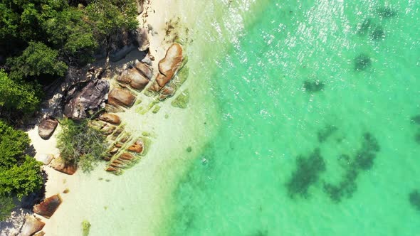 Aerial flying over travel of luxury bay beach journey by clear ocean with white sand background of j