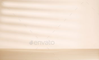 Wooden table and sunlit wall, product template