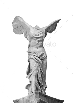 , a famous Greek statue from the Hellenistic era representing the goddess Nike, black and white front view closeup picture