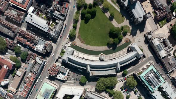 Top down drone shot over Central Bristol Old city Bristol cathedral