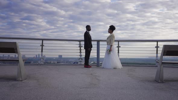 Extreme Wide Shot of African American Couple in Wedding Clothes Standing on Romantic Bridge at