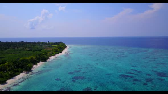 Aerial flying over tourism of marine coast beach journey by aqua blue lagoon with clean sand backgro