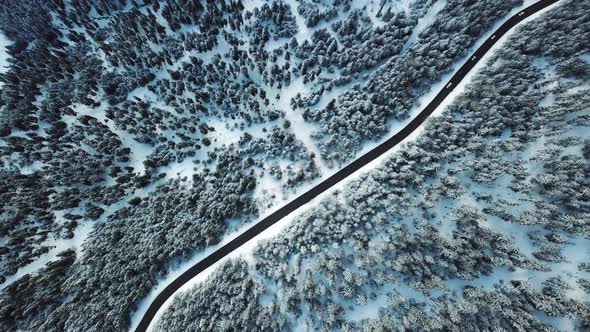 Aerial view of a road crossing the forest in winter in Les Trois Vallees, France.