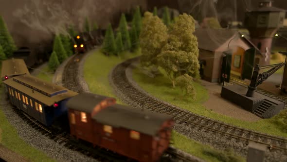 Miniture Model of Steam Trains Moving Through Forest.