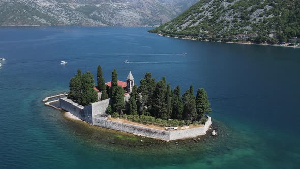 Aerial View of Catholic Church on Small Island in Kotor Bay Perast Montenegro