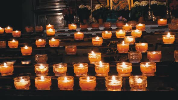 Burning Candles in Cathedral. Burning Memorial Candles in Catholic Church. Salzburg. Austria.