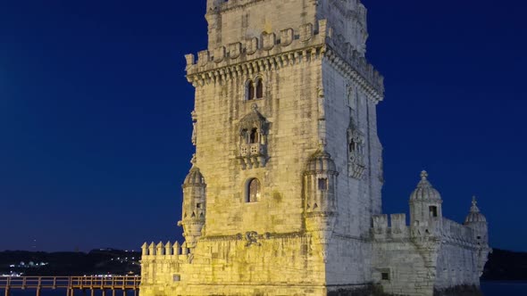 Belem Tower on Tagus River Night Timelapse Hyperlapse