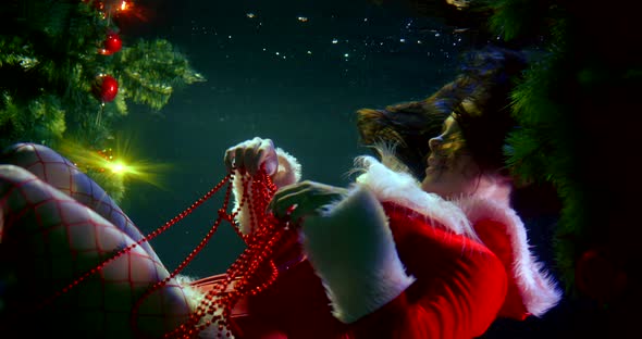 Cute Girl with Long Dark Hair and Red Clothes with White Fur Untangles Red Christmas Tree Beads