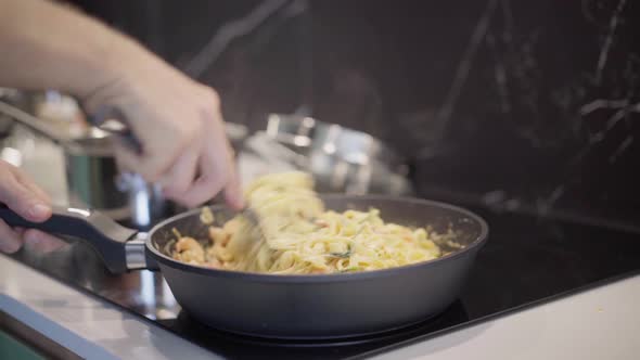 Carbonara Pasta Preparing on Pan