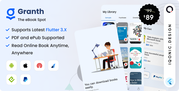 Granth - Full Flutter 3.x eBook App (ePub, PDF) + Laravel Admin Panel