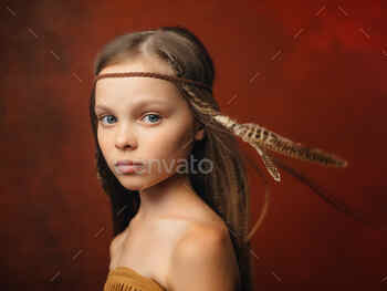 girl with apache hairstyle american ethnicity red background