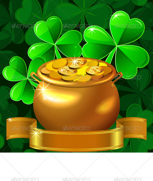 Vector Patrick Card with Clover and Gold Pot