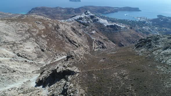 Village of Chora on the island of Serifos in the Cyclades in Greece from the sky