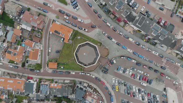 Bird's-eye footage of the densely populated city of Zandoort, Netherlands along the North Sea