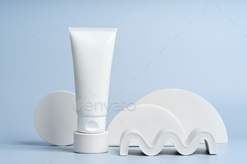 A face or body cream on a white concrete podium, presentation product, marketing