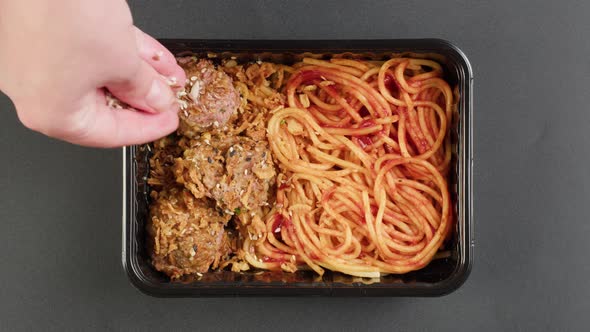 Italian Spaghetti with Meat in Lunch Box Closeup