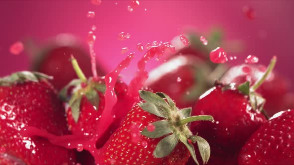 Slow Motion Shot of Strawberry Juice Splashing Through Strawberries