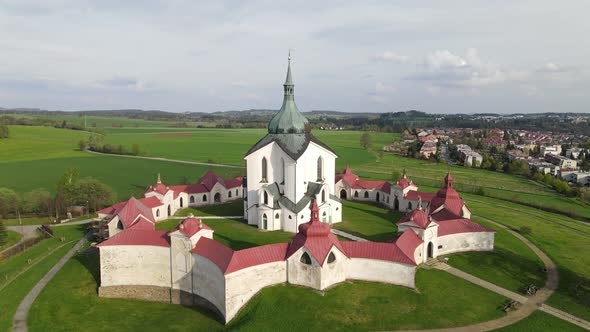 Aerial Drone footage of Pilgrimage Church of Saint John of Nepomuk in Zdar nad Sazavou, Czech republ