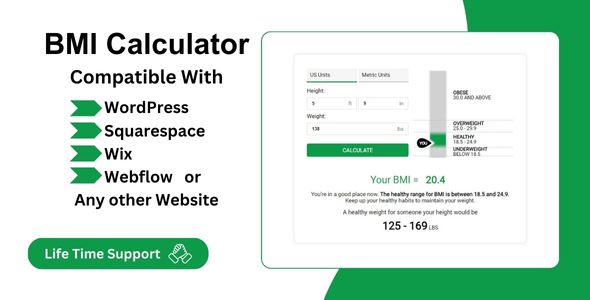 BMI Calculator - healthy range for Wordpress, Wix, Squarespace & Webflow Website.
