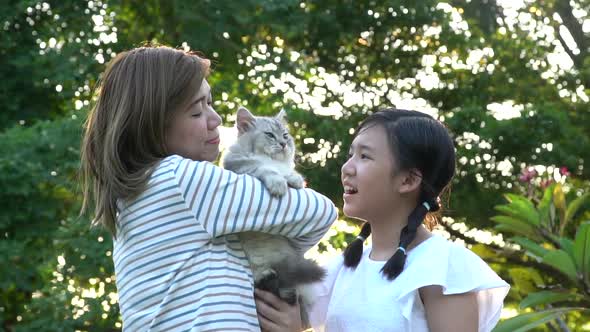 Asian mother and her daughter playing with persian cat in the park