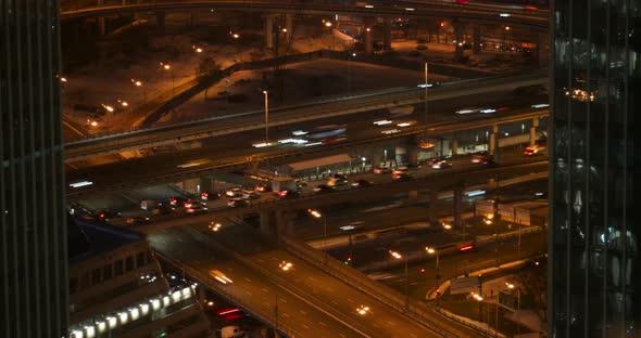 Panorama of the Transport Interchange of the Big City at Night