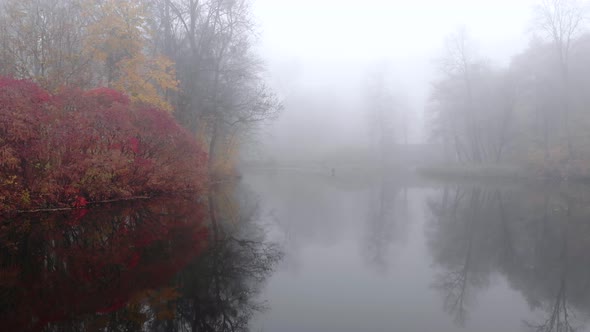 Fog Over the Lake in the Autumn Park.