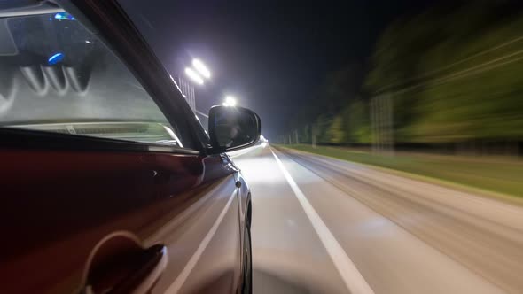 Drivelapse From Side of Car Moving on a Night Highway Timelapse Hyperlapse