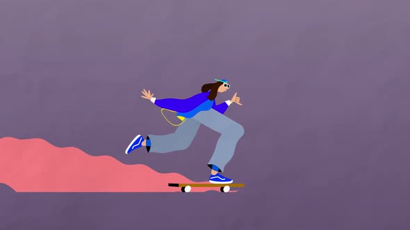 Cartoon of man riding skateboard with pink trail behind