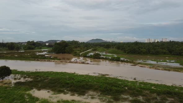 Aerial view flood at rural area