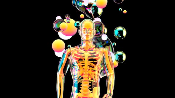 Anatomy concept of a man walking with abstract bubbles