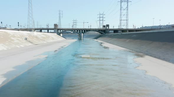 Scenic Urban Grunge Fashion Background Drone Flying Fast Above Los Angeles River