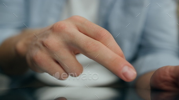  Unknown blue shirt guy texting tab computer message remotely. Unrecognizable businessman hands trying new application using modern digital gadget